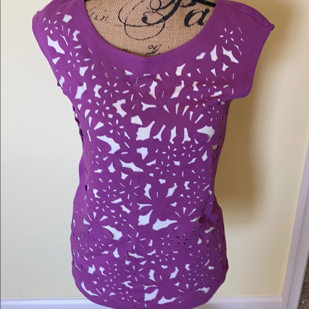 Ann Taylor Purple Laser-Cut Floral Overlay Tank